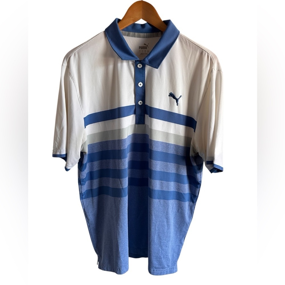 Puma Men's Blue and White Striped Polo Golf Shirt. Size Large